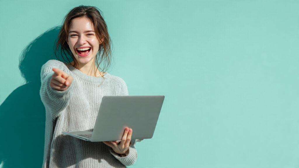 Confident and happy young woman in a bright and minimal HD composition.